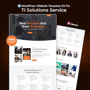 May include: A WordPress website template kit for TI Solutions Service. The design includes a homepage with the text "Best Solution And Great Business" and a page showcasing IT solution services. The kit includes free installation.