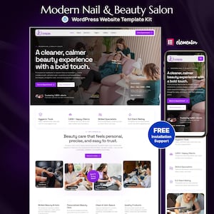 May include: A WordPress website template kit for a modern nail and beauty salon named Luxena. The design features a purple and white color scheme, showcasing service pages, appointment booking buttons, and imagery of salon treatments.