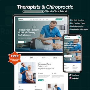 May include: A website template kit for therapists and chiropractors, displayed on a laptop and smartphone. The design focuses on relieving pain, restoring mobility and strength. Features include "No Code Required" and "Fast-Loading & SEO-Ready" text. The kit is fully responsive.