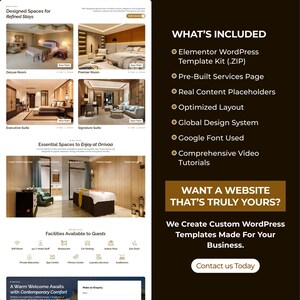 May include: A website design showcasing luxury hotel room interiors, amenities, and services. The design includes text such as "Designed Spaces for Refined Stays" and "What's Included", highlighting features like Elementor WordPress Template Kit and pre-built services.