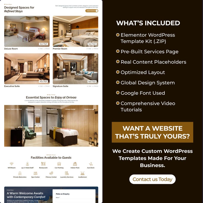 May include: A website design showcasing luxury hotel room interiors, amenities, and services. The design includes text such as "Designed Spaces for Refined Stays" and "What's Included", highlighting features like Elementor WordPress Template Kit and pre-built services.
