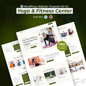 Puede incluir: Un kit de plantillas de sitios web de WordPress para un centro de yoga y fitness. El diseño presenta maquetas de sitios web con imágenes de posturas de yoga e instructores. El texto incluye "Find Your Balance, Mind & Body With Yogajoy!" y "FREE Installation Include."