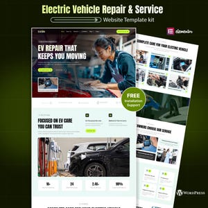 以下が含まれることがあります： 電気自動車の修理とサービスのためのウェブサイトテンプレートキット。デザインは、ラップトップで作業している女性を特徴とし、「EV Repair That Keeps You Moving」というテキストが表示されています。追加のテキストには、「Focused on EV Care You Can Trust」が含まれています。