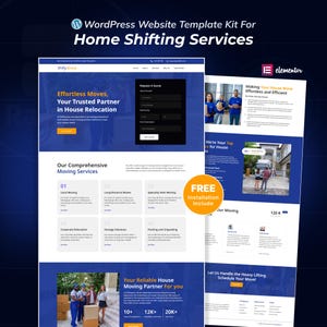以下が含まれることがあります： 引越しサービス用のウェブサイトテンプレートキット。デザインは、"Effortless Moves"や"Free Installation Include"などのテキストを含む青と白の配色が特徴です。テンプレートには、サービスと見積もりリクエストフォームのセクションが含まれています。