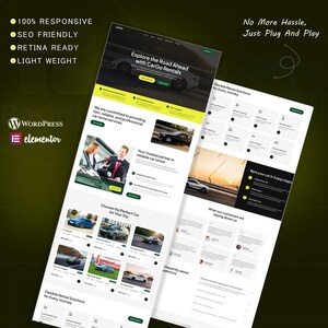 May include: A website design for CarGo Rentals, with a clean layout and green and white accents. The design showcases car rental services with images of cars and text such as "Explore the Road Ahead" and "Flexible Rental Solutions". The design is responsive and SEO friendly.