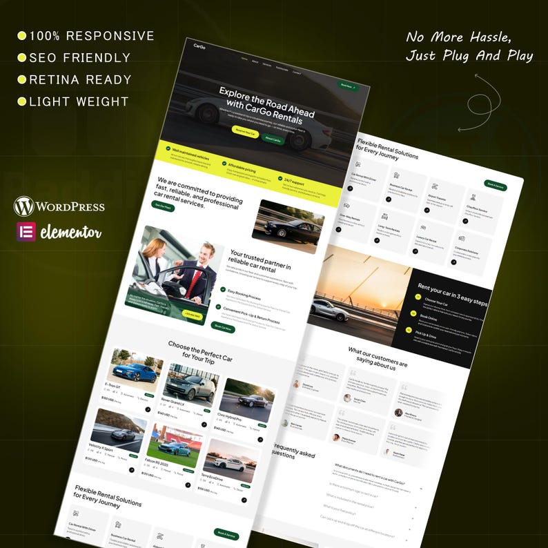 May include: A website design for CarGo Rentals, with a clean layout and green and white accents. The design showcases car rental services with images of cars and text such as "Explore the Road Ahead" and "Flexible Rental Solutions". The design is responsive and SEO friendly.