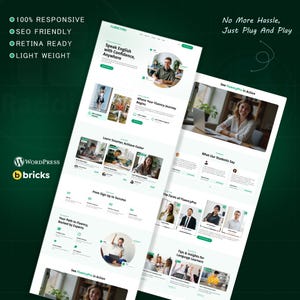 May include: A website design with a green and white color scheme, showcasing the "FluencyPro" platform. The design includes text such as "Speak English with Confidence, Anywhere" and "Learn Smarter, Achieve Faster." The design also includes the WordPress and Bricks logos.