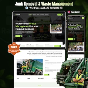 May include: A digital display of a Junk Removal & Waste Management WordPress website template kit. The layout features a green and white colour scheme, images of waste collection trucks, and text including Professional Waste Management for Your Home & Business.