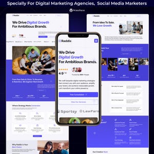 Puede incluir: Un tel&eacute;fono inteligente muestra un sitio web con el texto "We Drive Digital Growth For Ambitious Brands". El sitio web presenta un dise&ntilde;o azul y blanco, con im&aacute;genes de personas e iconos que representan servicios de marketing digital. El sitio web es para una agencia de marketing digital.