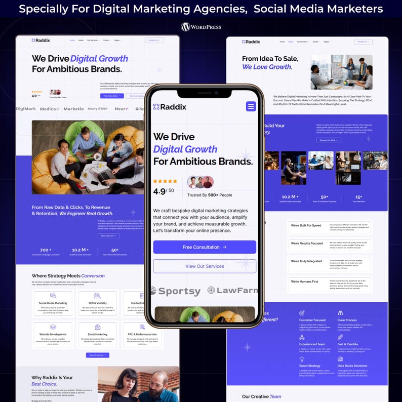 Puede incluir: Un tel&eacute;fono inteligente muestra un sitio web con el texto "We Drive Digital Growth For Ambitious Brands". El sitio web presenta un dise&ntilde;o azul y blanco, con im&aacute;genes de personas e iconos que representan servicios de marketing digital. El sitio web es para una agencia de marketing digital.
