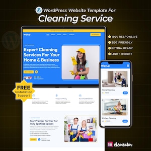Puede incluir: Una plantilla de sitio web para un servicio de limpieza, mostrada en una computadora portátil y un teléfono inteligente. La pantalla de la computadora portátil muestra la página de inicio del sitio web con el texto "Expert Cleaning Services For Your Home & Business". El teléfono inteligente muestra la versión móvil.