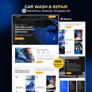 Pode incluir: Um kit de modelo de site para serviços de lavagem e reparação de automóveis. O design inclui um carro azul, detalhes do serviço e o texto "CAR WASH & REPAIR" e "WordPress Website Template Kit". O modelo também apresenta "FREE Installation Support".