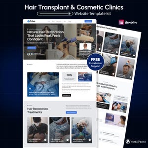 May include: A website template kit for hair transplant and cosmetic clinics. The design includes sections on hair restoration treatments, with images of procedures and the text "Natural Hair Restoration That Looks Real, Feels Confident."
