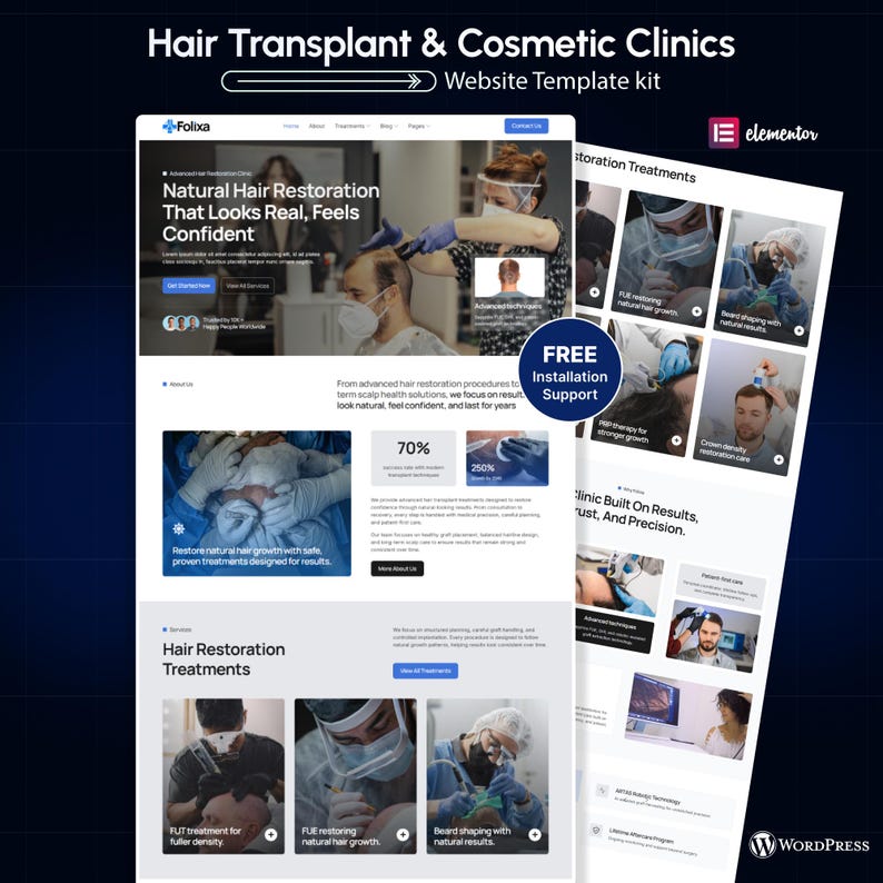 May include: A website template kit for hair transplant and cosmetic clinics. The design includes sections on hair restoration treatments, with images of procedures and the text "Natural Hair Restoration That Looks Real, Feels Confident."