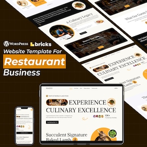 Puede incluir: Una plantilla de sitio web para un restaurante, con un diseño moderno sobre un fondo oscuro. El diseño incluye una maqueta de tableta y teléfono inteligente que muestra la interfaz del sitio web. El texto incluye "Restaurant Business" y "Culinary Excellence."