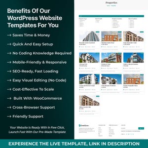 May include: A website template advertisement with the headline "Benefits Of Our WordPress Website Templates For You." The ad highlights features like time-saving, easy setup, and SEO-readiness. A real estate listing is shown on the right side of the image.