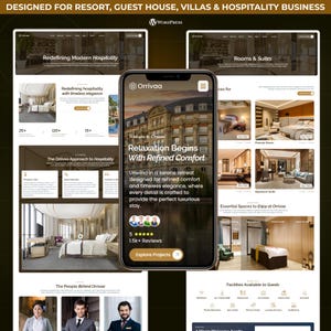 May include: A smartphone displays a website design for a resort, guest house, and hospitality business. The design includes images of hotel rooms, suites, and facilities, with the text "Relaxation Begins With Refined Comfort."