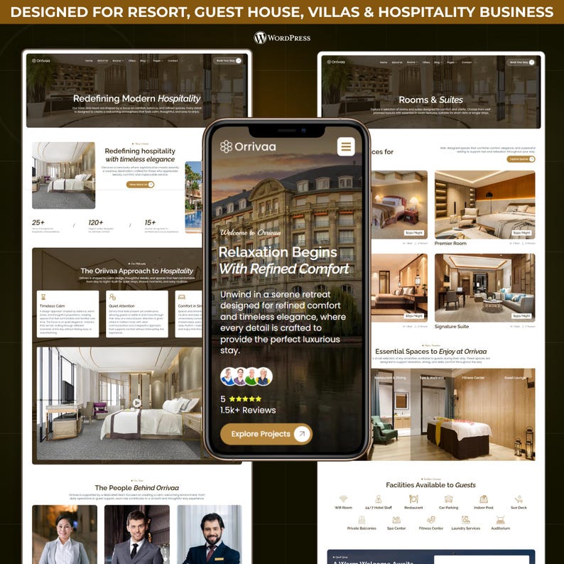 May include: A smartphone displays a website design for a resort, guest house, and hospitality business. The design includes images of hotel rooms, suites, and facilities, with the text "Relaxation Begins With Refined Comfort."