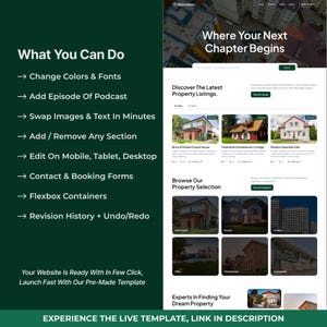 K&ouml;nnte beinhalten: Eine Website-Vorlage f&uuml;r Immobilienanzeigen mit gr&uuml;nem und wei&szlig;em Design. Der Text lautet "Where Your Next Chapter Begins". Enth&auml;lt Optionen zum &Auml;ndern von Farben und Schriftarten sowie zum Hinzuf&uuml;gen von Inhalten.