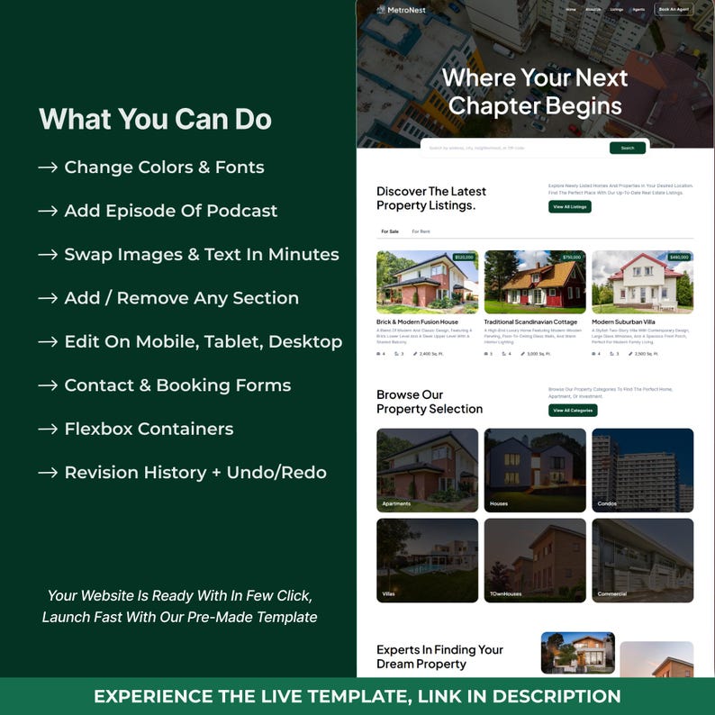 K&ouml;nnte beinhalten: Eine Website-Vorlage f&uuml;r Immobilienanzeigen mit gr&uuml;nem und wei&szlig;em Design. Der Text lautet "Where Your Next Chapter Begins". Enth&auml;lt Optionen zum &Auml;ndern von Farben und Schriftarten sowie zum Hinzuf&uuml;gen von Inhalten.