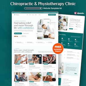 Pode incluir: Um kit de modelo de site para uma clínica de quiropraxia e fisioterapia com um esquema de cores verde escuro e branco. O layout inclui seções para serviços, depoimentos de pacientes e agendamento de consultas, com texto e imagens de atendimento clínico.