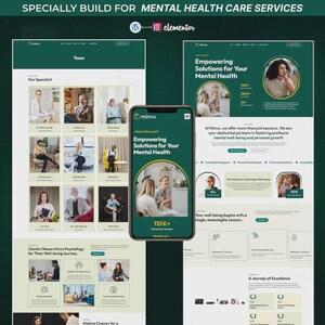 May include: A website design for mental health services, featuring a mobile phone displaying the site's interface. The design includes sections for specialists, client testimonials, and service offerings. The color scheme is primarily green and white.