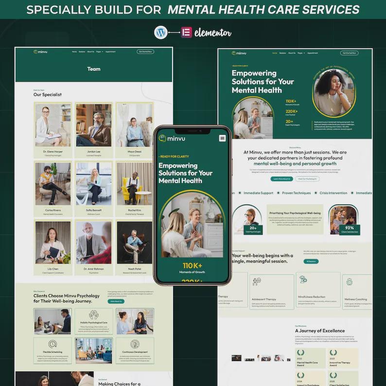 May include: A website design for mental health services, featuring a mobile phone displaying the site's interface. The design includes sections for specialists, client testimonials, and service offerings. The color scheme is primarily green and white.