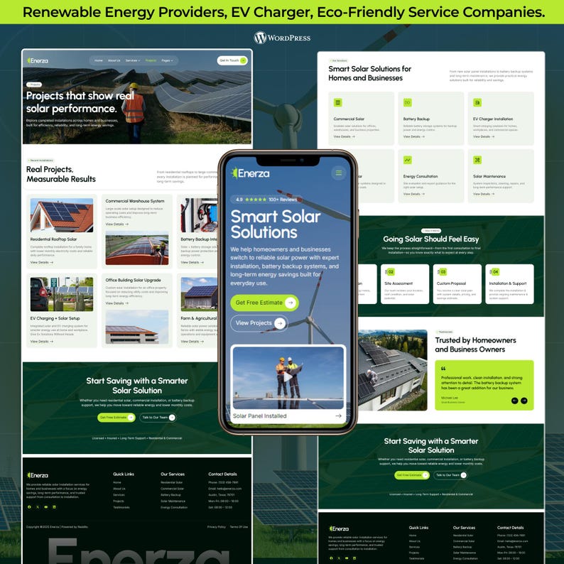 May include: A smartphone displays a website for Enerza, a renewable energy company. The website showcases solar panel installation, battery backup systems, and EV charger services. The design is green and white, with images of solar panels and wind turbines.