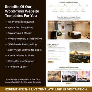 May include: A website template advertisement with the headline "Benefits Of Our WordPress Website Templates For You." The image showcases various features, including mobile-friendliness, SEO readiness, and easy visual editing. It also highlights event spaces and guest facilities.