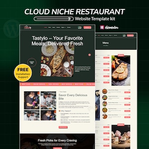 Puede incluir: Un kit de plantilla de sitio web para un restaurante de nicho en la nube. El diseño presenta un fondo verde oscuro con el texto "CLOUD NICHE RESTAURANT" y "Website Template kit". El sitio web muestra imágenes de comida y el texto "Tastylo - Your Favorite Meals, Delivered Fresh".