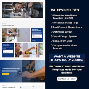 May include: A webpage design showcasing locksmith services. The image includes a locksmith working on a door, along with text that reads "Recent Locksmith Work" and "Locked Out? We're Here To Help!" The page also lists features like a WordPress template kit and pre-built services.