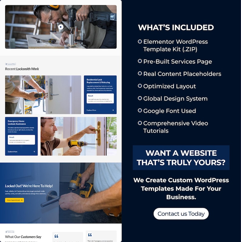 May include: A webpage design showcasing locksmith services. The image includes a locksmith working on a door, along with text that reads "Recent Locksmith Work" and "Locked Out? We're Here To Help!" The page also lists features like a WordPress template kit and pre-built services.