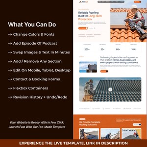 May include: A digital website template for a roofing company featuring a dark brown sidebar with white text listing features like Change Colours & Fonts, Add Podcast, and Edit On Mobile. The right side displays a preview of a roofing service website.