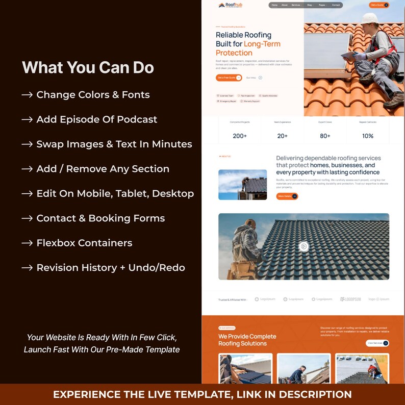 May include: A digital website template for a roofing company featuring a dark brown sidebar with white text listing features like Change Colours & Fonts, Add Podcast, and Edit On Mobile. The right side displays a preview of a roofing service website.