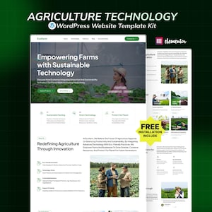 Peut inclure: Un kit de modèle de site web pour la technologie agricole, avec un design vert et blanc. Le modèle comprend des sections sur l'agriculture durable, la technologie intelligente et la protection de la planète. Le texte comprend "Empowering Farms with Sustainable Technology."