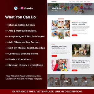 Puede incluir: Una plantilla de dise&ntilde;o web con una barra lateral roja oscura y un &aacute;rea de contenido principal blanca. La barra lateral enumera funciones como cambiar colores, agregar servicios y editar en dispositivos m&oacute;viles. El contenido principal incluye secciones sobre un comienzo m&aacute;s brillante.