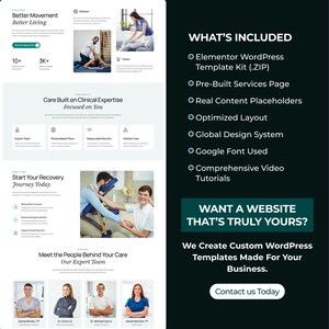 Puede incluir: Dise&ntilde;o web para una cl&iacute;nica de fisioterapia, con im&aacute;genes de atenci&oacute;n al paciente y descripciones de servicios. El dise&ntilde;o incluye un llamado a la acci&oacute;n para plantillas de WordPress personalizadas. El texto "Better Movement Better Living" tambi&eacute;n est&aacute; incluido.