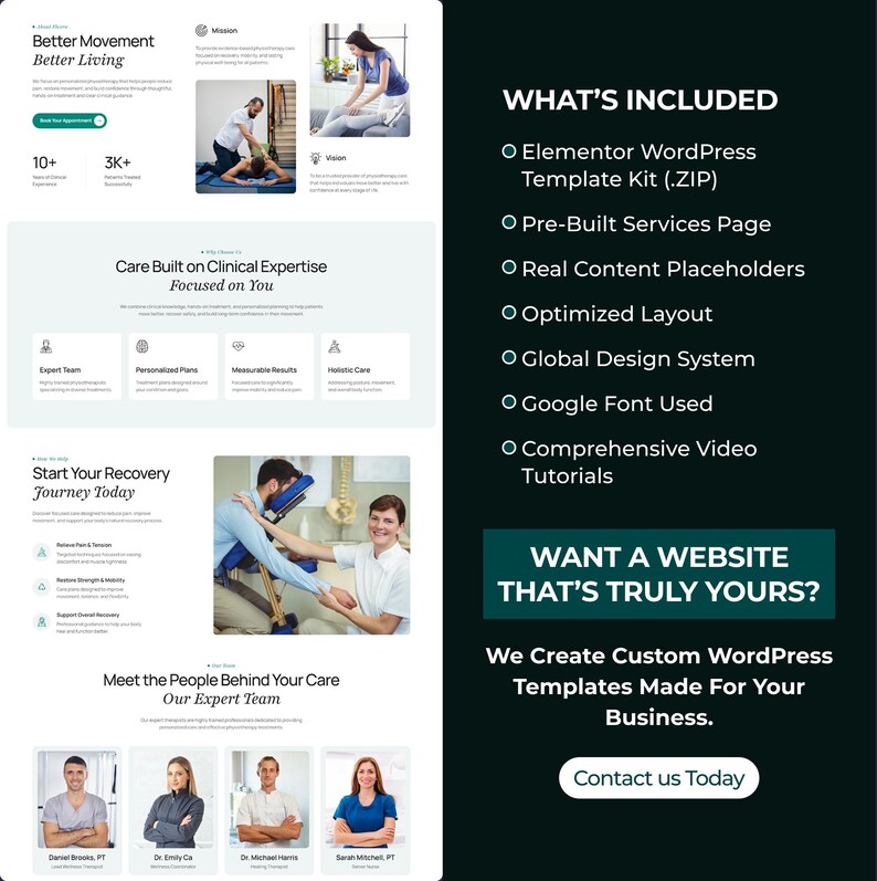 Puede incluir: Dise&ntilde;o web para una cl&iacute;nica de fisioterapia, con im&aacute;genes de atenci&oacute;n al paciente y descripciones de servicios. El dise&ntilde;o incluye un llamado a la acci&oacute;n para plantillas de WordPress personalizadas. El texto "Better Movement Better Living" tambi&eacute;n est&aacute; incluido.