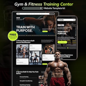 May include: A digital website template kit for a gym and fitness training centre, featuring a dark interface with the text "Train with Purpose," "Vyron," and "Gym & Fitness Training Centre." The layout includes sections for active members, expert trainers, and various fitness programmes displayed on a desktop monitor and a mobile phone screen.