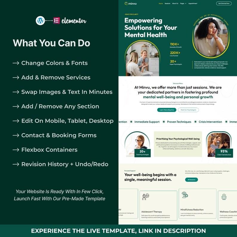 May include: A website design showcasing mental health solutions. The design features the Elementor and Minvu logos, with sections on website features, empowering solutions, and service details. Text includes "What You Can Do" and "Experience the Live Template."