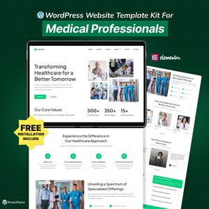 Peut inclure: Un kit de modèles de sites Web pour les professionnels de la santé, avec un design moderne et une mise en page épurée. La conception comprend des sections pour les services, les médecins et les articles. Le modèle comprend le texte "Transformer les soins de santé pour un avenir meilleur."