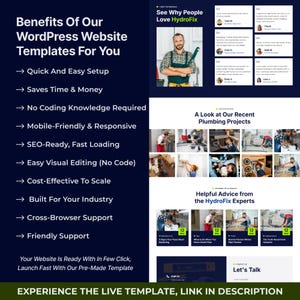 May include: An advertisement for WordPress website templates. The image features a plumber, customer testimonials, and sections titled "Benefits Of Our WordPress Website Templates For You" and "A Look at Our Recent Plumbing Projects."