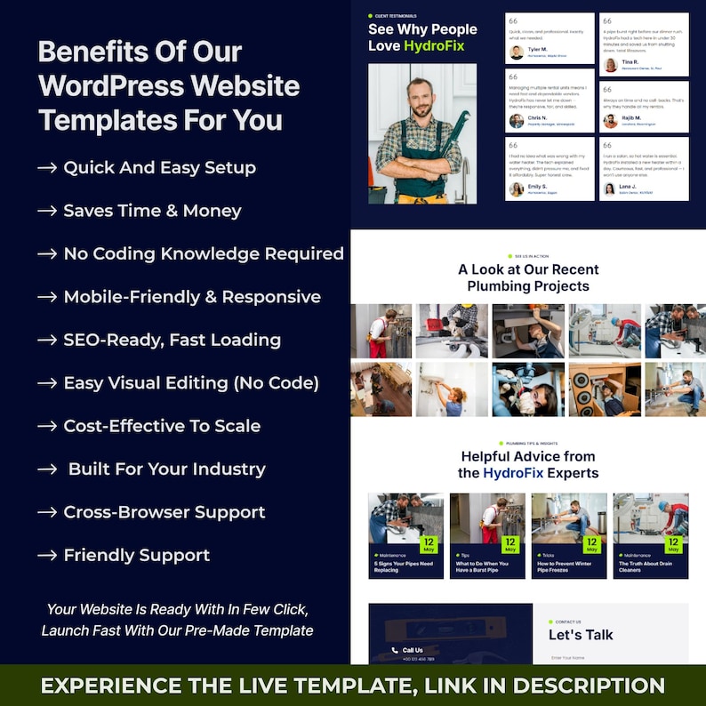 May include: An advertisement for WordPress website templates. The image features a plumber, customer testimonials, and sections titled "Benefits Of Our WordPress Website Templates For You" and "A Look at Our Recent Plumbing Projects."
