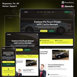 May include: A digital mockup of a car rental website, "CarGo Rentals", displayed on a smartphone, tablet, and laptop. The website features a white car graphic, green and yellow accents, and the text "Explore the Road Ahead with CarGo Rentals."