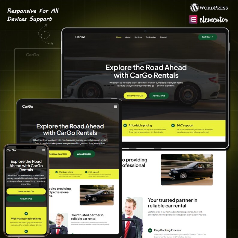 May include: A digital mockup of a car rental website, "CarGo Rentals", displayed on a smartphone, tablet, and laptop. The website features a white car graphic, green and yellow accents, and the text "Explore the Road Ahead with CarGo Rentals."