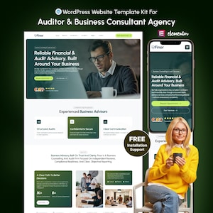 May include: A website template kit for an auditor and business consultant agency. The design features a website layout, a mobile phone mockup, and a woman holding a mug. The text includes "Reliable Financial & Audit Advisory" and "Free Installation Support."