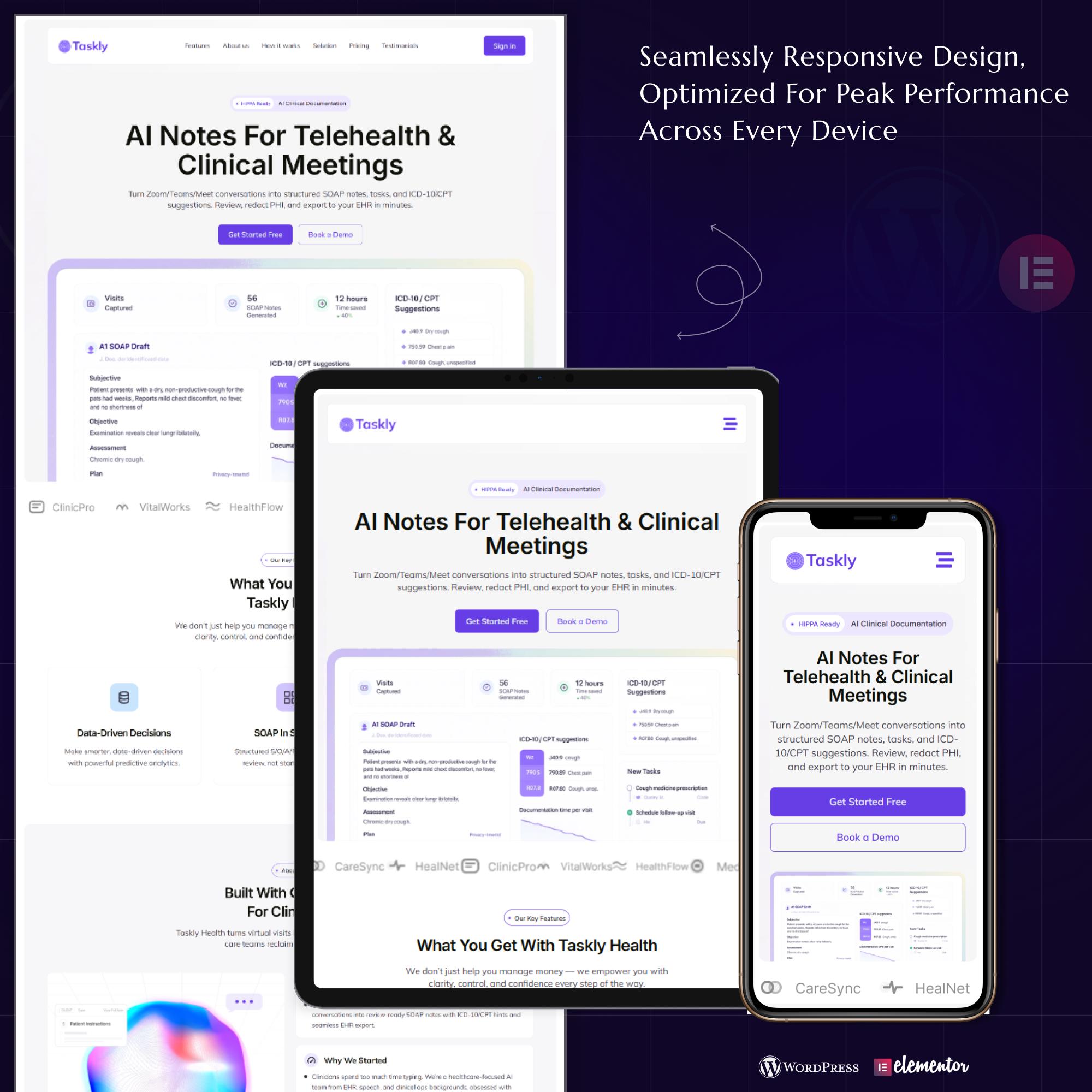 AI Note Taker Wordpress Elementor Pro Landing Page | Saas, Telehealth ...