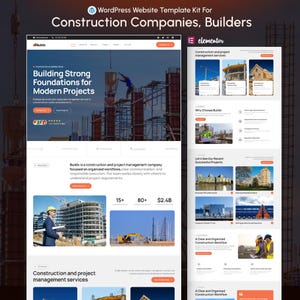 Puede incluir: Un kit de plantilla de sitio web para empresas de construcción y constructores. El diseño presenta un diseño moderno con imágenes de obras de construcción, trabajadores y servicios de gestión de proyectos. El texto incluye el nombre de la empresa, "Buildx".