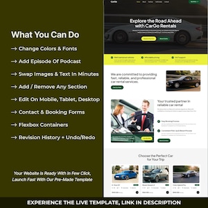 May include: A website design for CarGo Rentals, advertising car rental services. The design includes sections on features, services, and car options. The website has a green and white colour scheme.