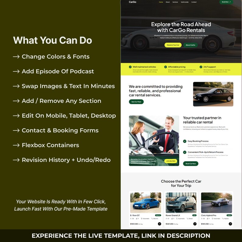 May include: A website design for CarGo Rentals, advertising car rental services. The design includes sections on features, services, and car options. The website has a green and white colour scheme.